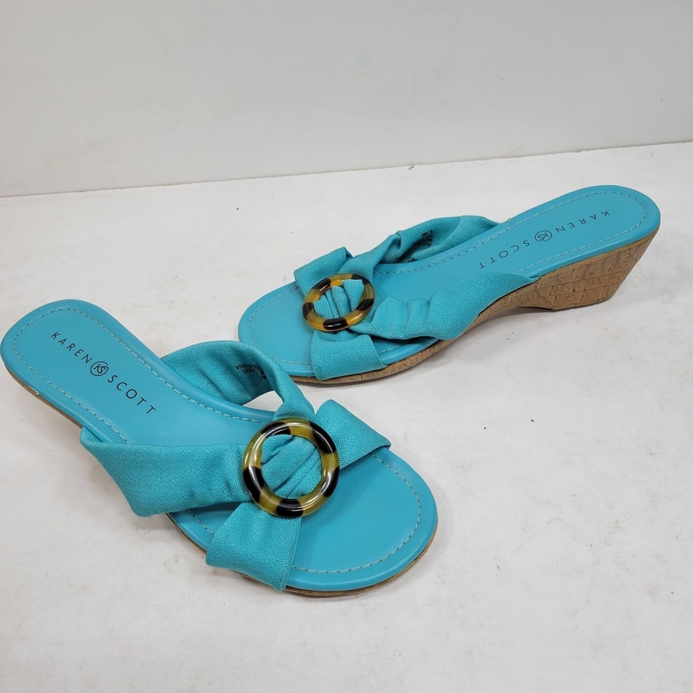 Karen Scott Turquoise Slide Sandals Women's 6.5M Tortoise Buckle Flats Trendy - Picture 2 of 8